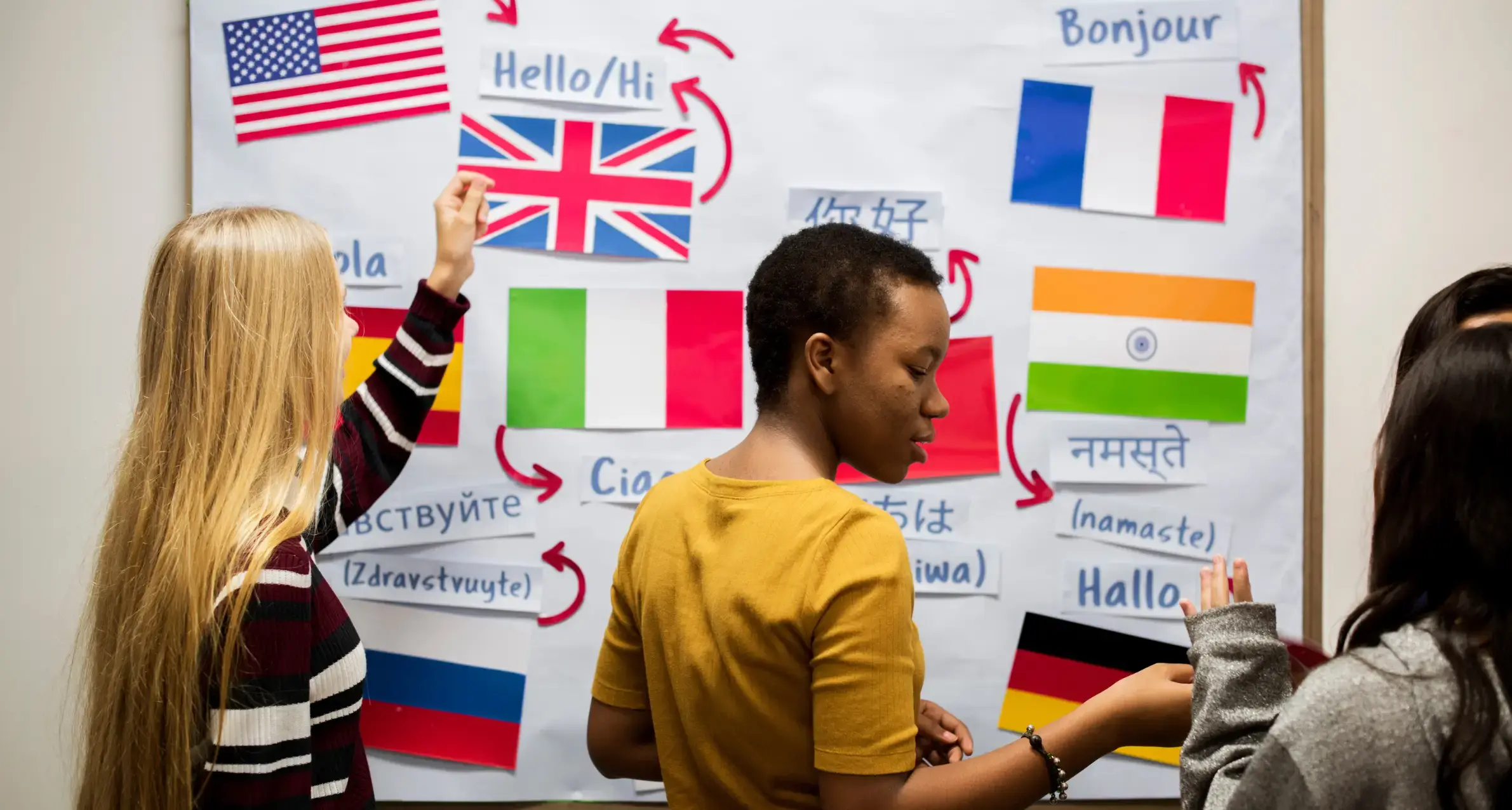 Alumnos con banderas internacionales, aprendiendo países y nacionalidades en inglés 